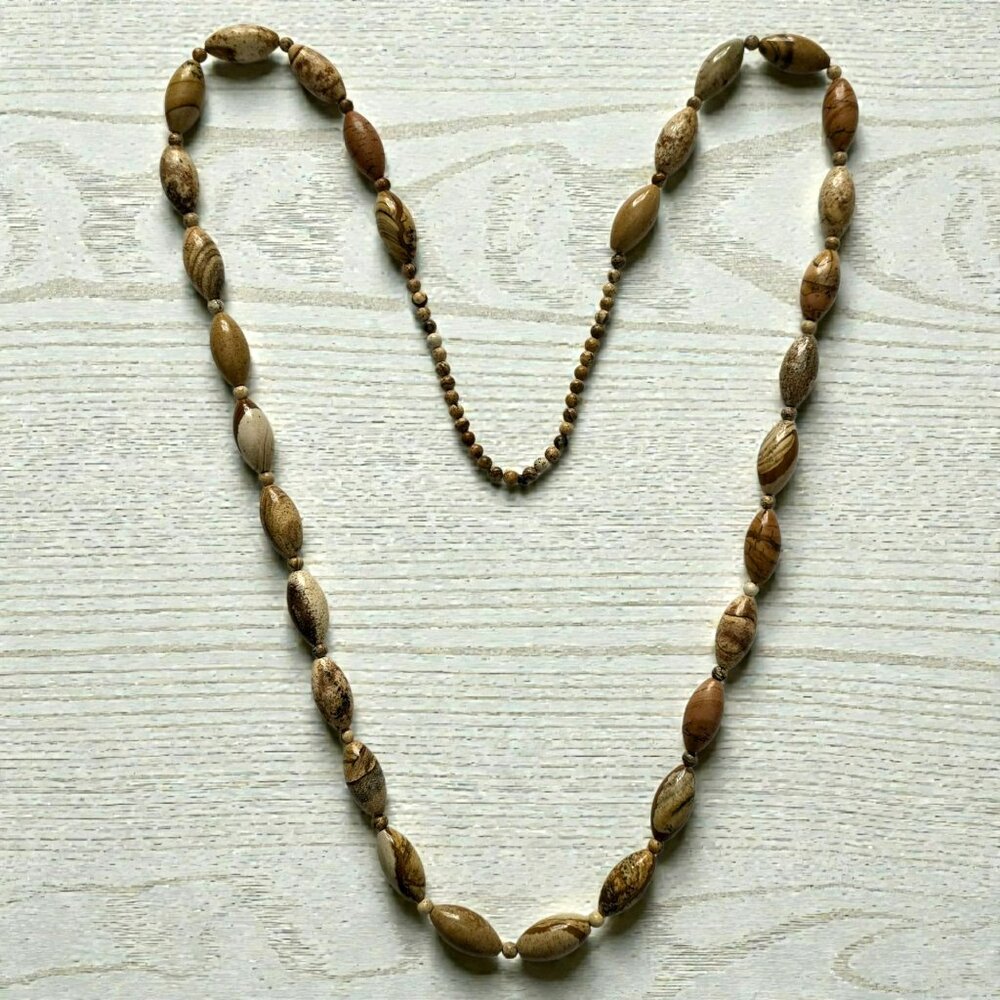 Vintage Natural Jasper Beaded Necklace Long Oval Round Stones Earth Tone Neutral